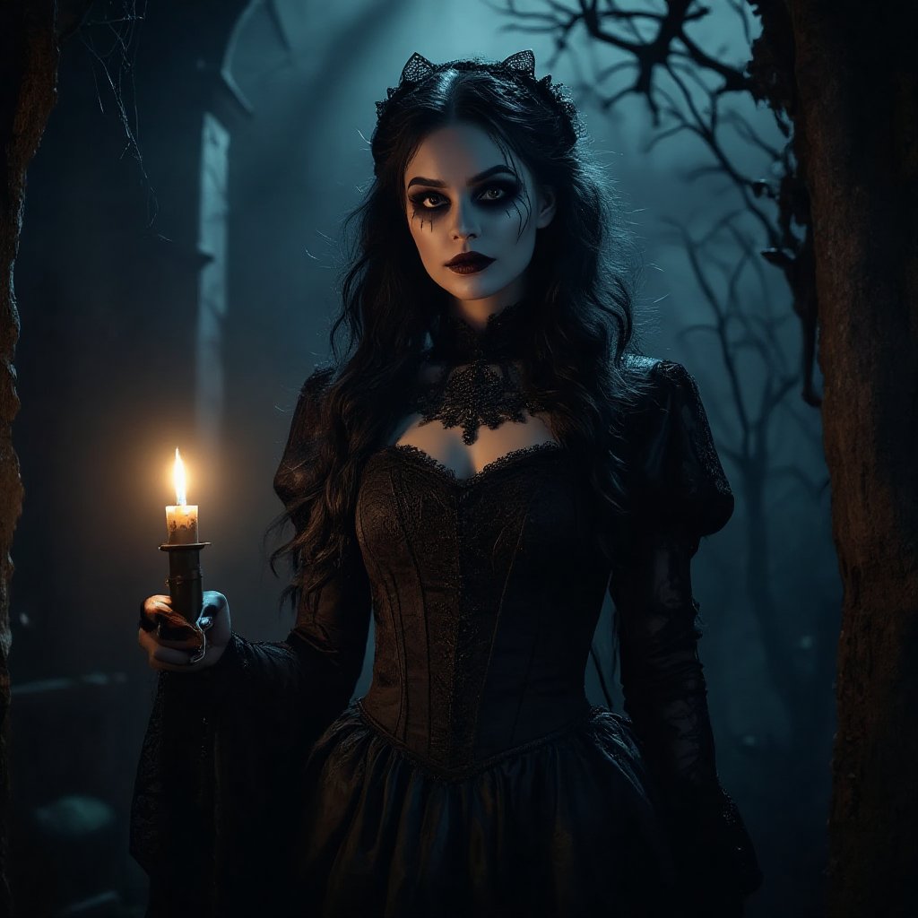 bphalloween, A stunning woman with long flowing dark hair, wearing a vintage gothic dress, holding a single flickering candle in her hand. The scene is set in a dimly lit haunted mansion with cobwebs and shadows creeping from the corners.
