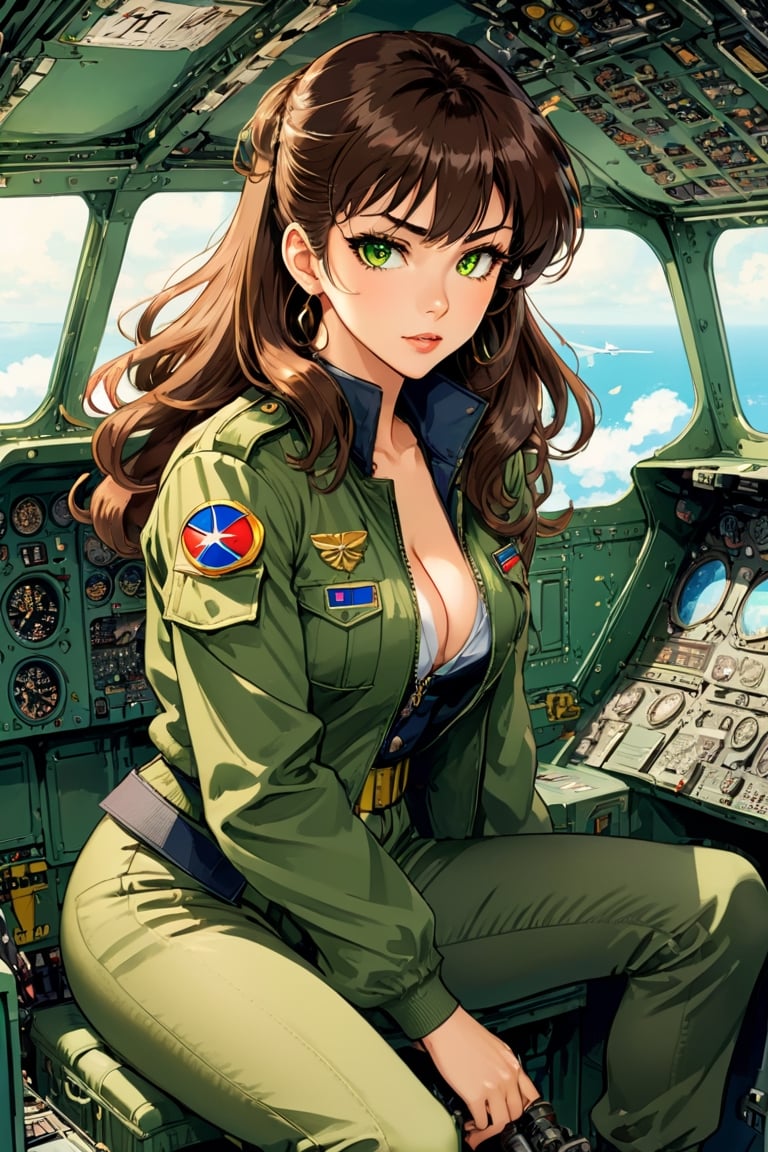 Anime Network, Female Pilot, full body, bored expression, inside WW2 airplane cockpit, art by Masamune Shirow, art by J.C. Leyendecker . anime style, key visual, vibrant, studio anime, ((green military jacket)), ((green military pants)), long curvy messy brown hair, cleavage, yellow eyes