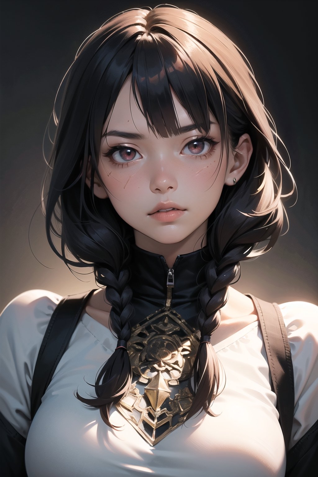 (masterpiece, best quality:1.5), (photorealistic:1.3), official art, absurdres, unity 32k wallpaper, ultra-detailed, intricate details, HDR, soft lighting, vibrant, depth of field, 1girl, mature face, confident, angry, brown messy single braid hair, blunt bangs, hair over one eye, red eyes, dynamic pose, dynamic angles, scar next to chin, black background, looking at viewer