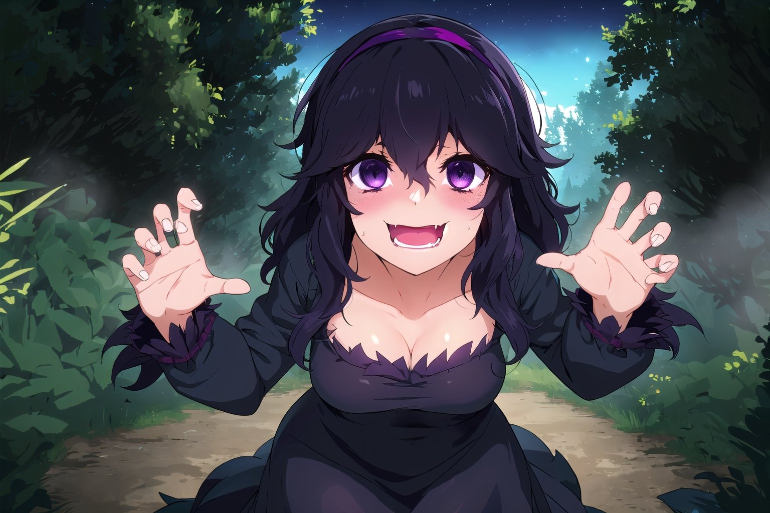 (masterpiece, best quality, ultra detailed:1.2), best shadow, detailed background, beautiful face, high contrast, best illumination, colorful, depth of field, detailed eyes, perfect hands, anime, 1girl, solo, looking at viewer, (cowboy shot:1.3), blush, laughing,

(night, dark environment, in the forest:1.3), fog, starry, ghost fire,

(face, hex maniac:1.5), hairband, messy hair, (purple eyes:1.1), purple hair, purple hairband, @ @,black dress, dress, long dress, long sleeves, juliet sleeves,
,cleavage, collarbone, dark circles,