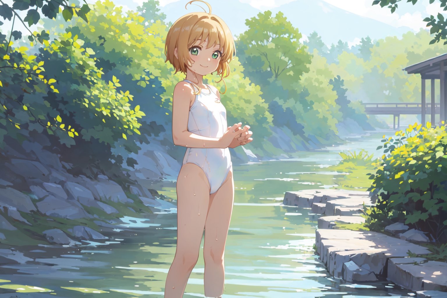 (masterpiece, best quality, ultra detail, beautiful face, nice hands, perfect hands,  1girl, solo, smile, cowboy shot, full body), 
,kinomoto sakua, (see_through swimsuit, white swimsuit), standing in the river, wet, blush