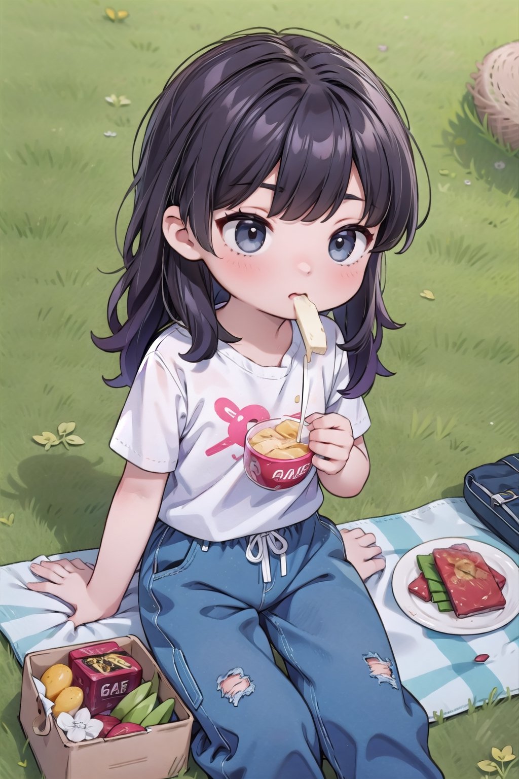 masterpiece, 2_girls, bangs, long_hair, denim_pants, white_shirt, park, grass, picnic, eating