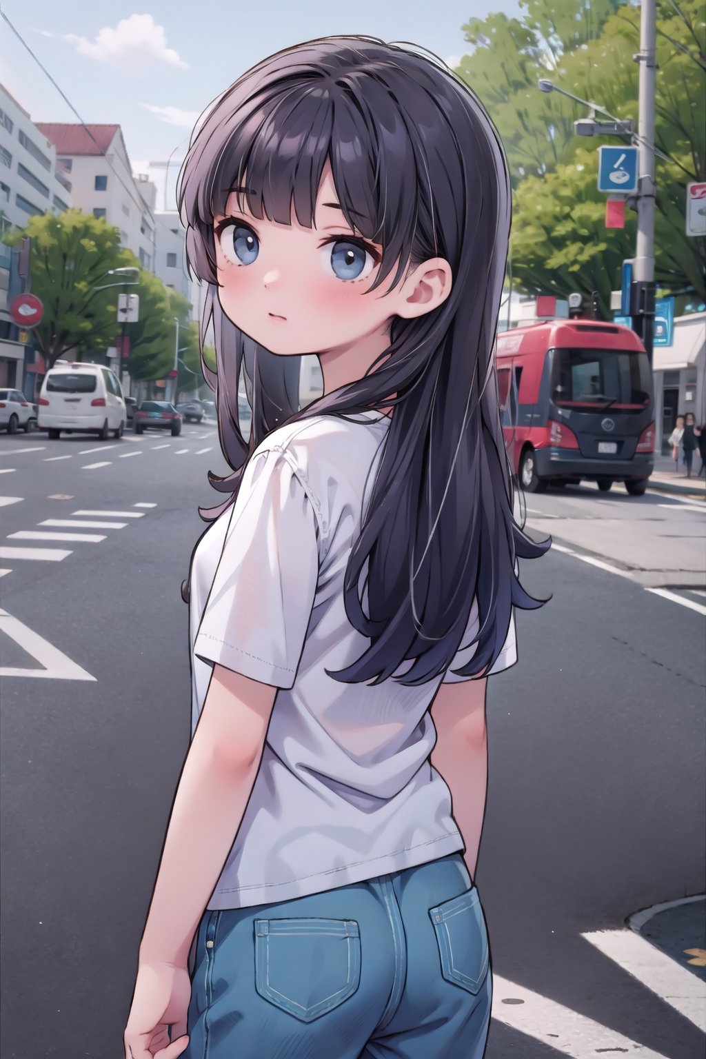 masterpiece, street, 1girl, bangs, long_hair, denim_pants, white_shirt, leaning_back