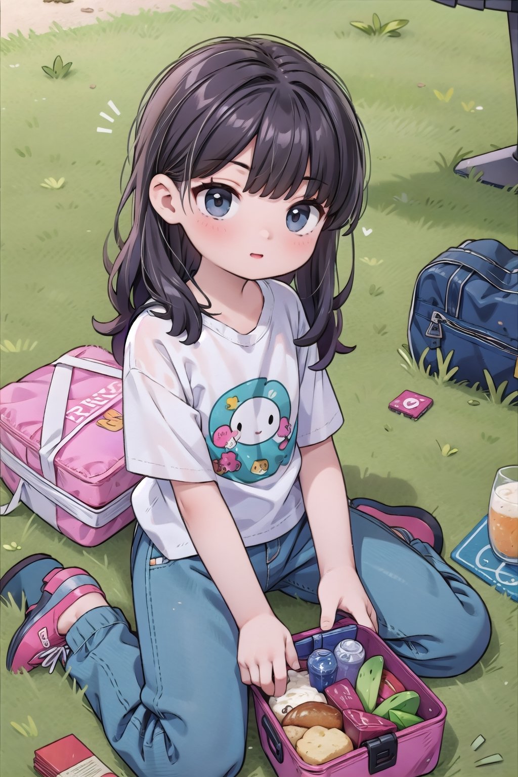 masterpiece, 2_girls, bangs, long_hair, denim_pants, white_shirt, park, grass, picnic, 