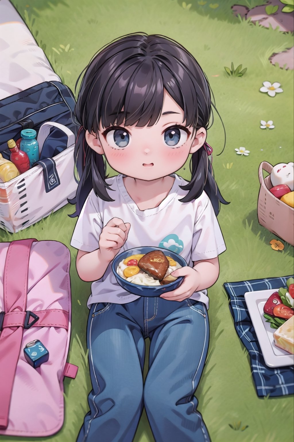 masterpiece, 2_girls, bangs, long_hair, denim_pants, white_shirt, park, grass, picnic, eating