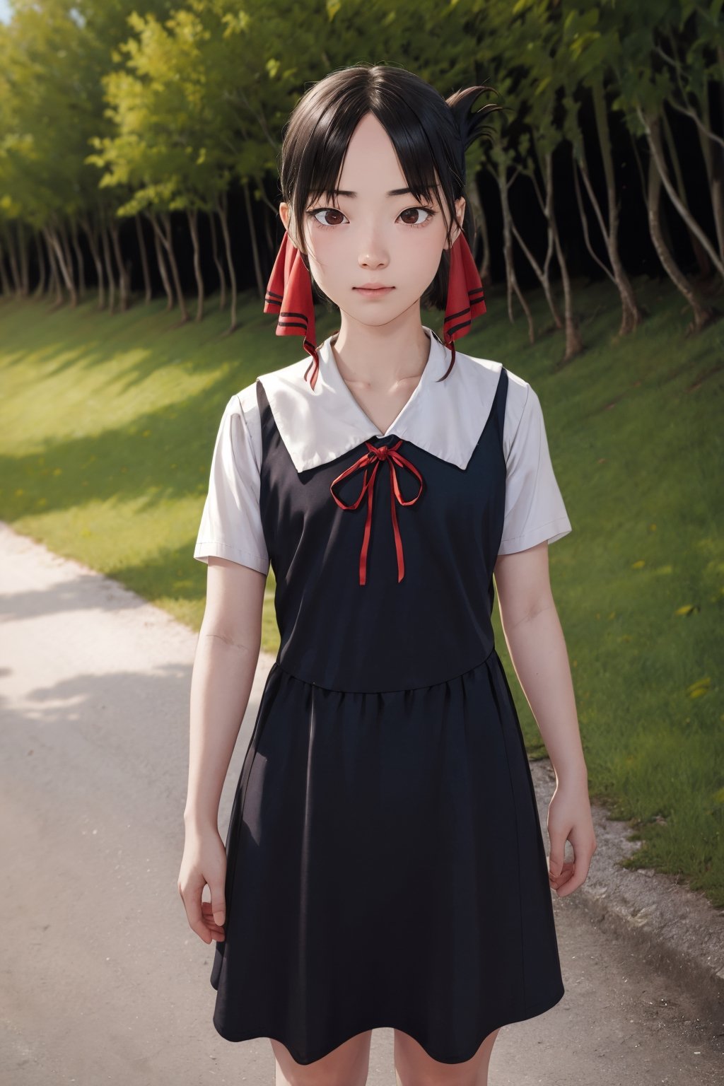 masterpiece, best quality, highres, bbkaguya, short hair, folded ponytail, hair ribbon, parted bangs, neck ribbon, red ribbon, pinafore dress, white shirt, short sleeves, , standing, cowboy shot, outdoors,aakaguya