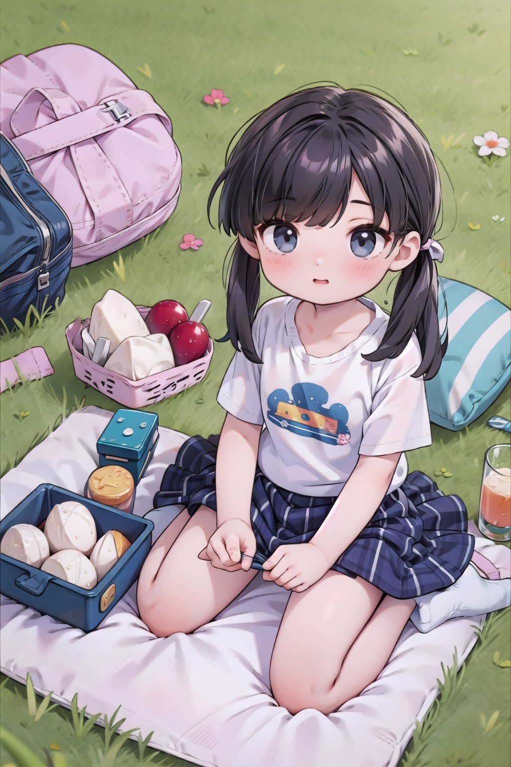 masterpiece, 2_girls, bangs, long_hair, skirt, white_shirt, park, grass, picnic, 