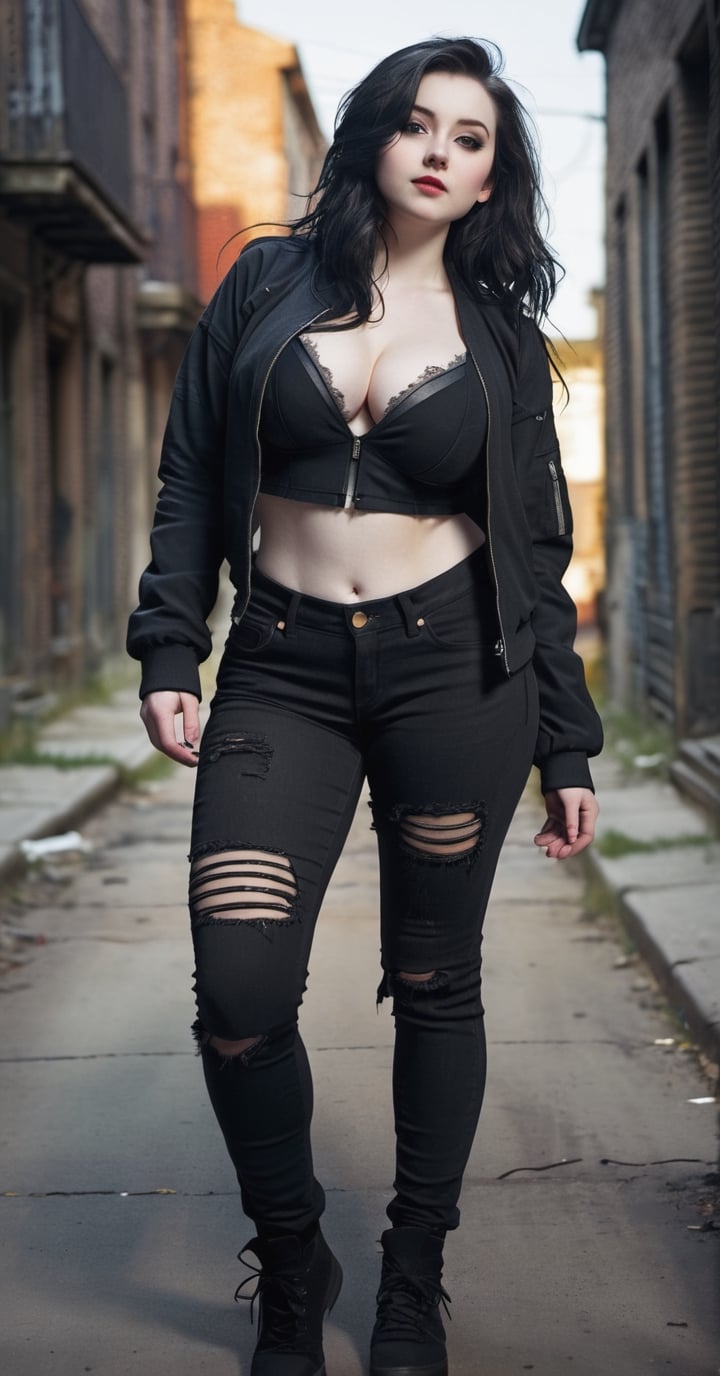 attractive girl, bottom view, pale skin, long Messy black hair, narrow waist, big curvy thighs, thick size plus body, seductive standing pose, abandoned street city, sunlight, slightly smile, open_track_jacket, long black ripped jeans, big breast, cleavage, gothic style, night shot, soft light