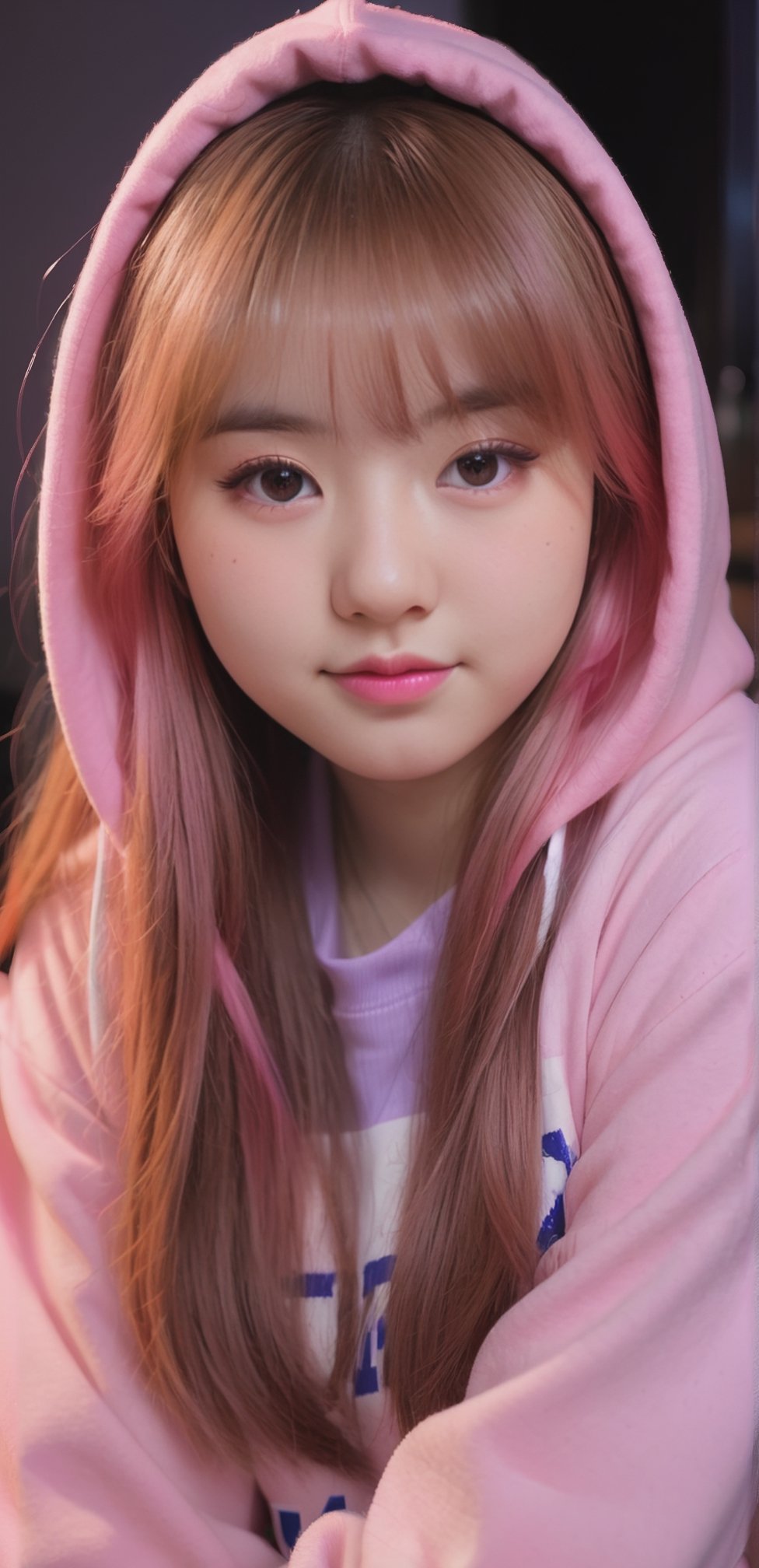 Teenage beautiful Japanese girl, gorgeous pink air bangs long hair, pink hoodie, upper body shot, chubby face, slightly smile, pale skin, dramatic dark room, hard shadow low light