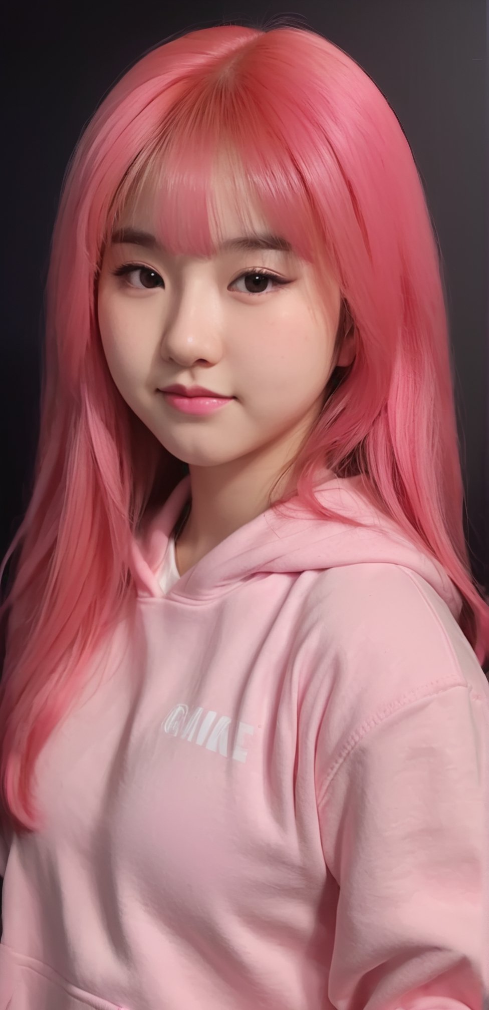 Teenage beautiful Japanese girl, gorgeous pink air bangs long hair, pink hoodie, upper body shot, chubby face, slightly smile, pale skin, dramatic dark room, hard shadow low light