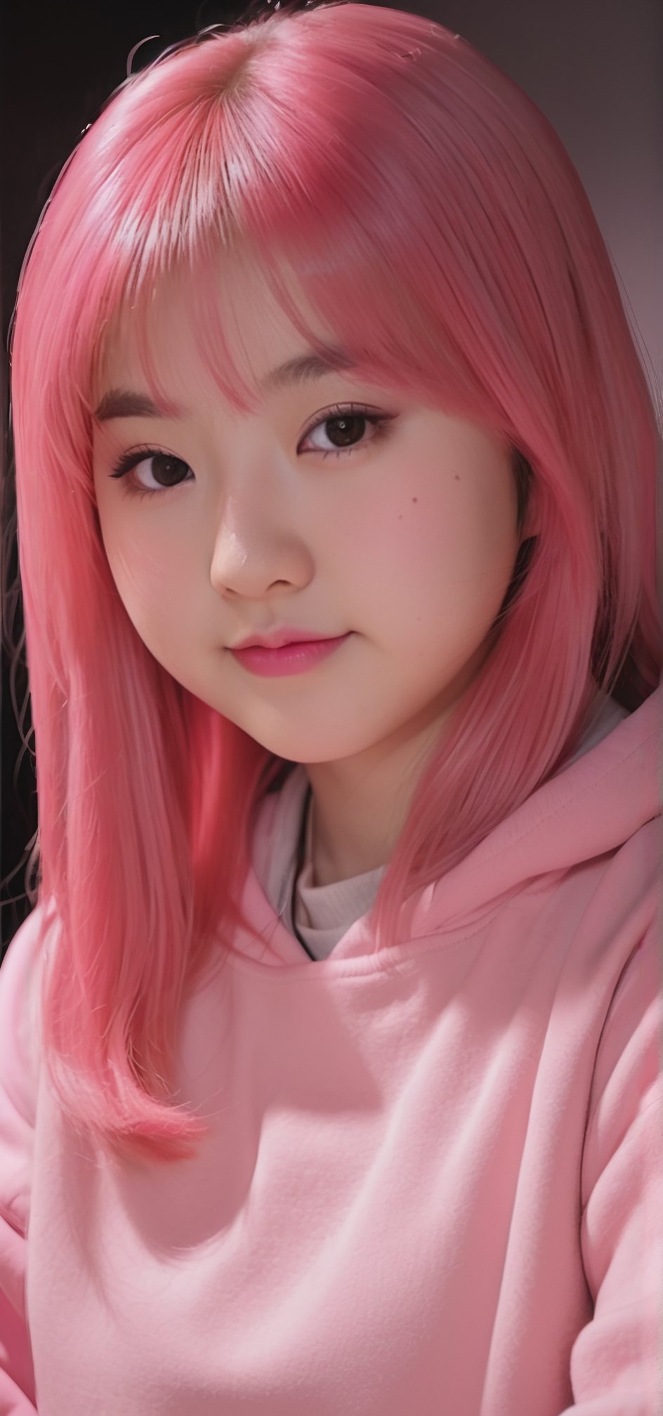 Teenage beautiful Japanese girl, gorgeous pink air bangs long hair, pink hoodie, upper body shot, chubby face, slightly smile, pale skin, dramatic dark room, hard shadow low light