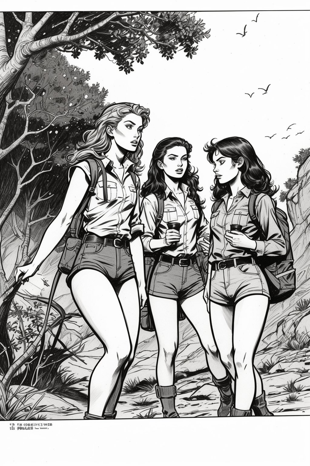 Three twenty-something girls on an expedition. They are searching  something. Drawing made with graphite pencils, comic style, 