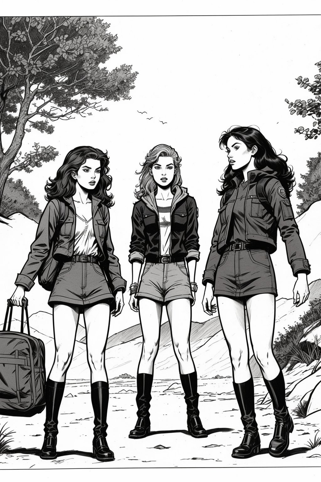 Three twenty-something girls on an expedition. They are searching  something. Drawing made with graphite pencils, comic style, 