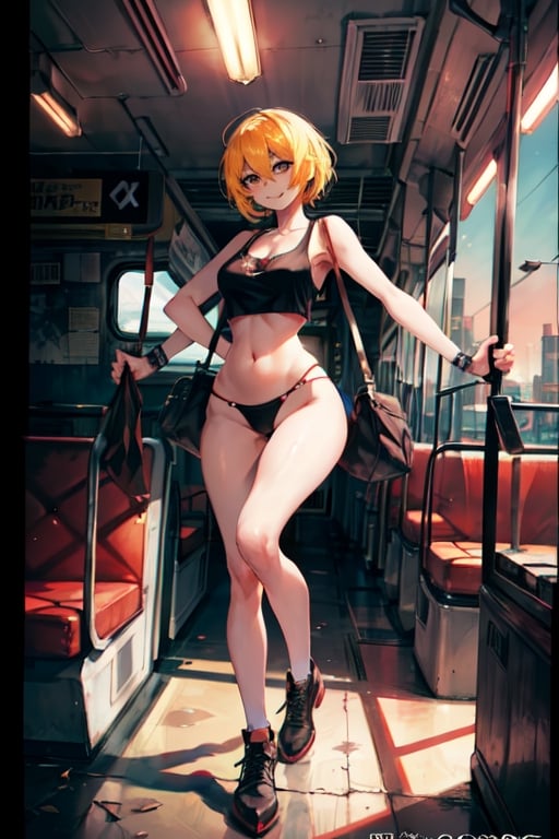 don quixote \(limbus company\),monster girl,full body, (in bus, bus interior:1.3),smiling,tanktop, (cyberpunk city), red sky, night,extra mouth, sharp teeth, body horror, sharp teeth,