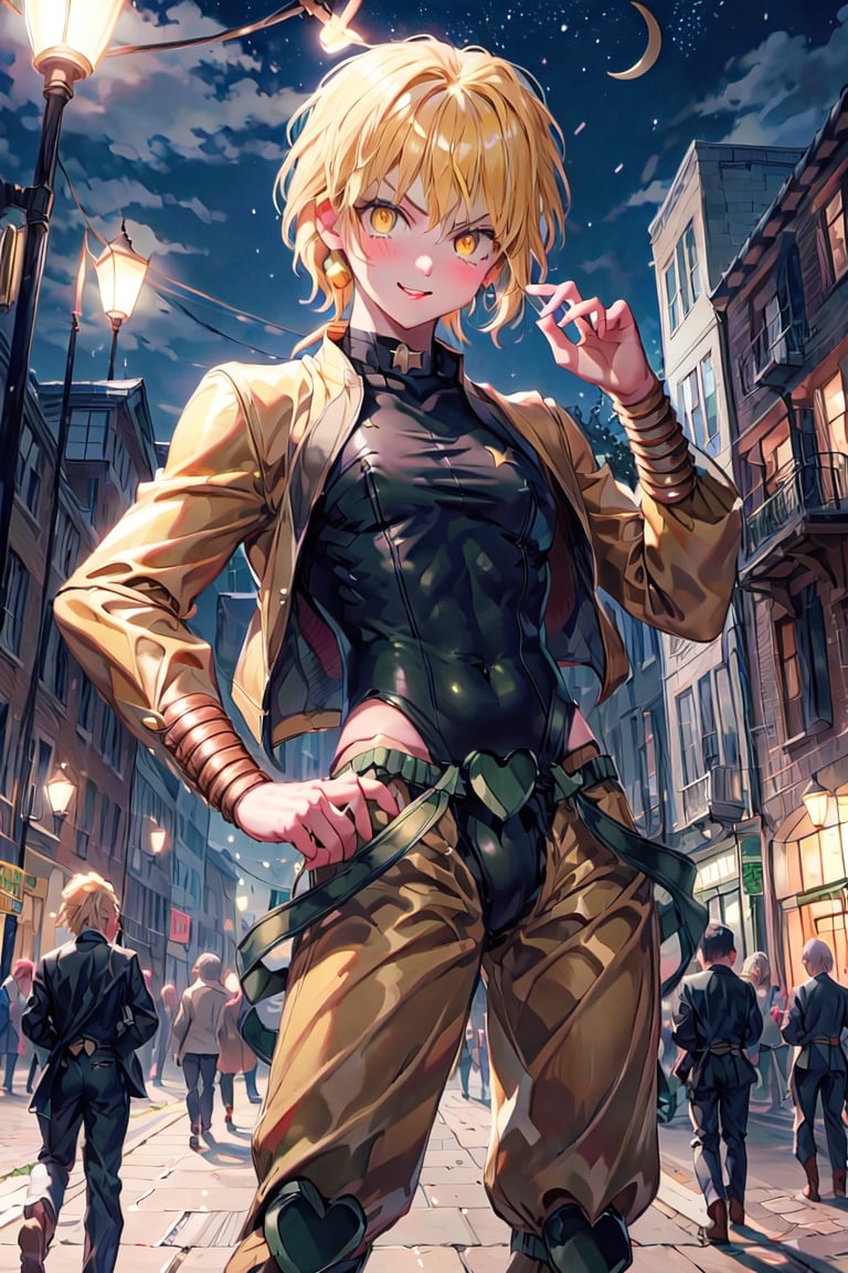 ((outfit-dio:1.4)), 1girl,fountain, solo,highres, small_breasts,tiara,gold hair,smile, solo ,solo,milf,curvy, blush, looking at viewer, close mouth,masterpiece, best_quality, clear details,1girl,cross arm,  ,don quixote \(limbus company\),golden eyes,city, on the street, night, street lights illuminate,crescent moon,slit pupils,medium full shot