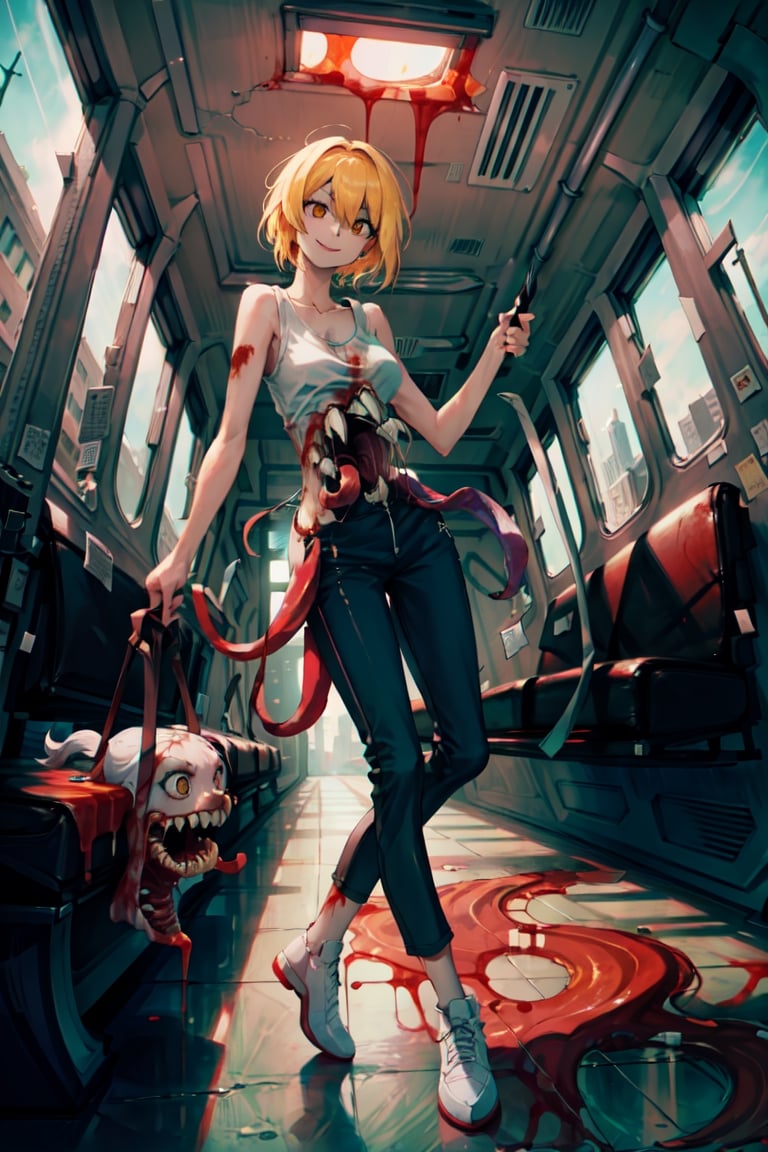 don quixote \(limbus company\),monster girl,full body, (in bus, bus interior:1.3),smiling,tanktop, (cyberpunk city), red sky, night,extra mouth, sharp teeth, body horror, sharp teeth,sharp teeth,dressed in trousers , long monster tongue,a medium-sized pool of blood on the floor