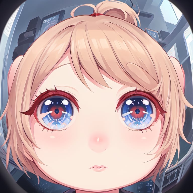 close up,chibi,female,orange bobcut, ponytails,blue eye,closed mouth,fisheye, default_outfit,