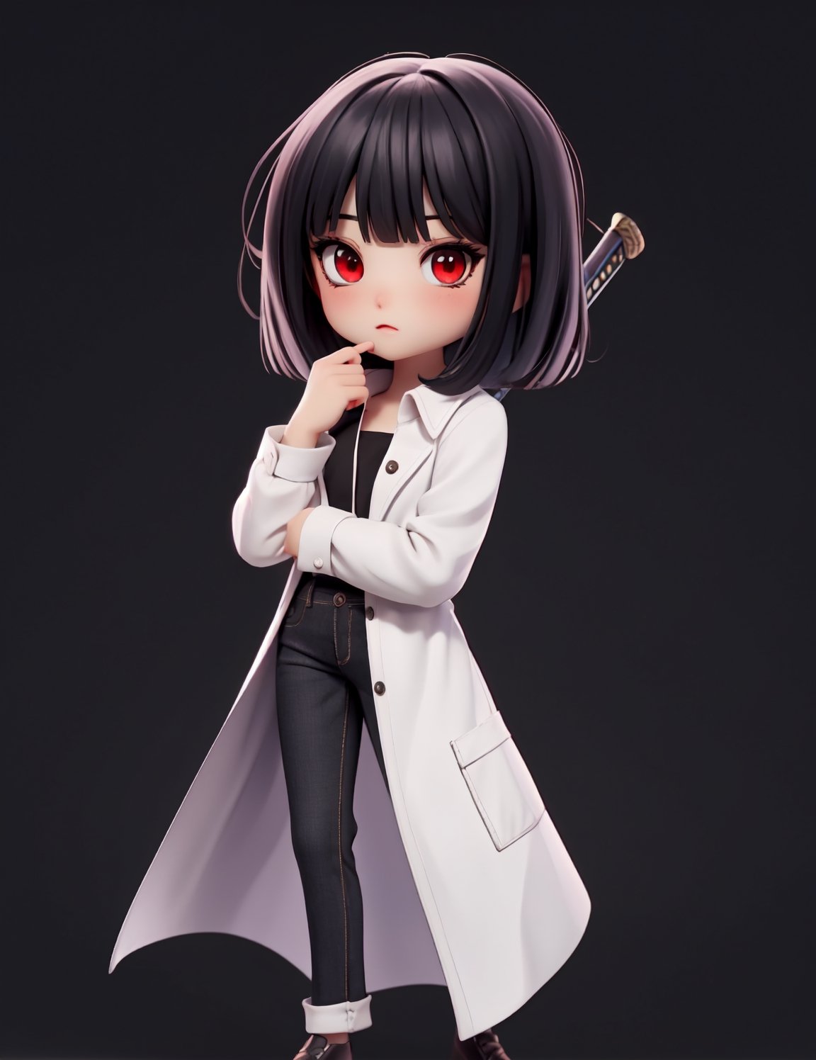  solo, chibi, full body, looking at viewer,  black hair,simple background,chibi,masterpiece, best quality, 1girl, red eyes, black hair, bangs, white shirt,  rack,black jeans,Not a naked sword in  hand,black coat