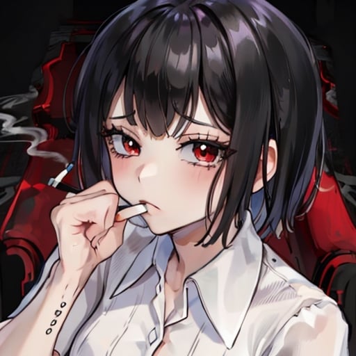 cigarette in the mouth, red eyes, short hair,black hair,NoBitchesHighly detailed, High Quality, Masterpiece, beautiful,solo, girl,white shirt