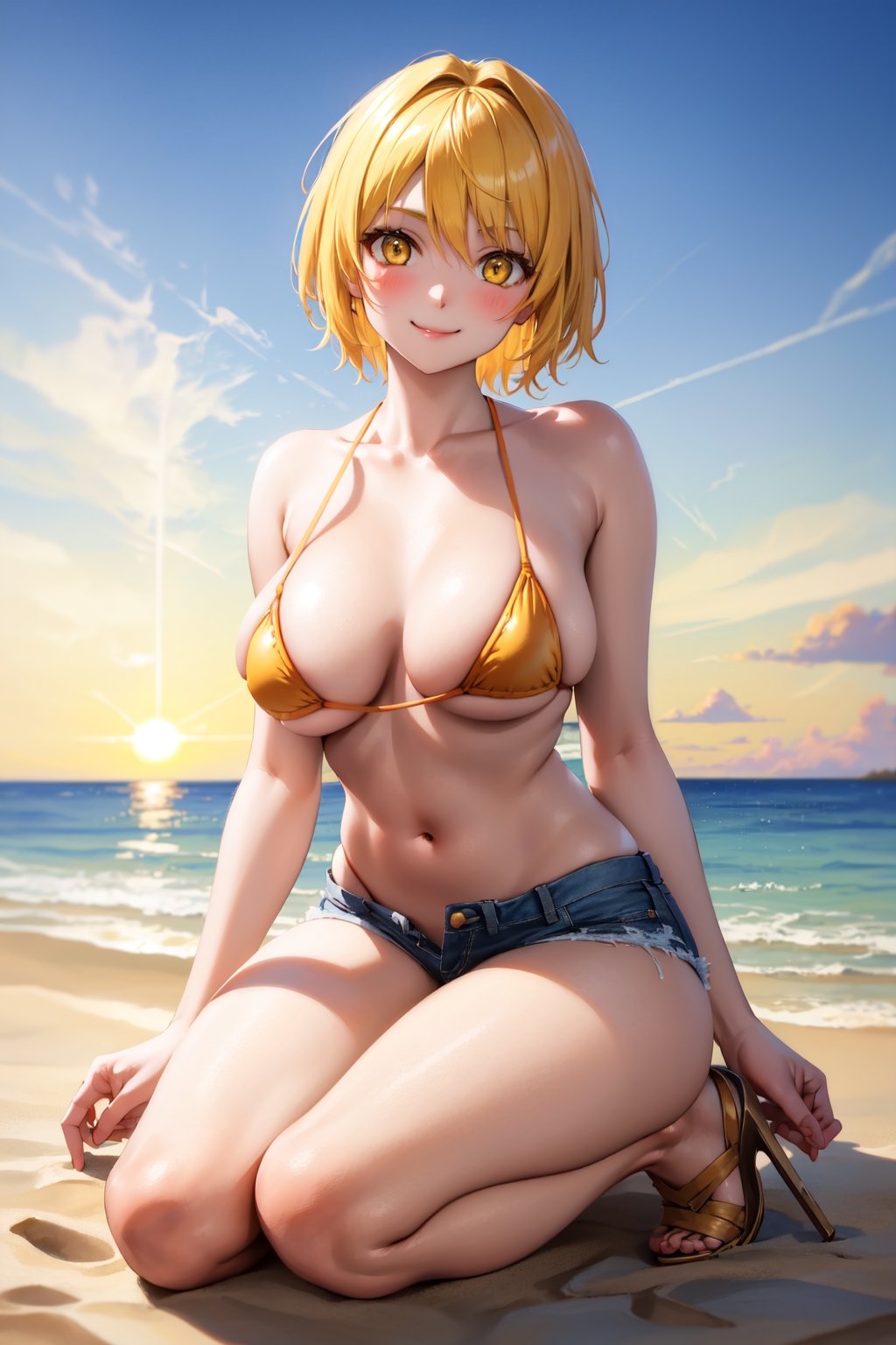  woman, adult, solo, Yellow short hair, golden eyes, large breasts, blush, orange mini bikini, denim short shorts with holes,  smile, sitting on the sand, sunset, masterpiece, high quality, best quality, detailed, perfect lighting, detailed face, detailed body, (detailed eyes), clear eyes, colorful, full body,don quixote \(limbus company\)