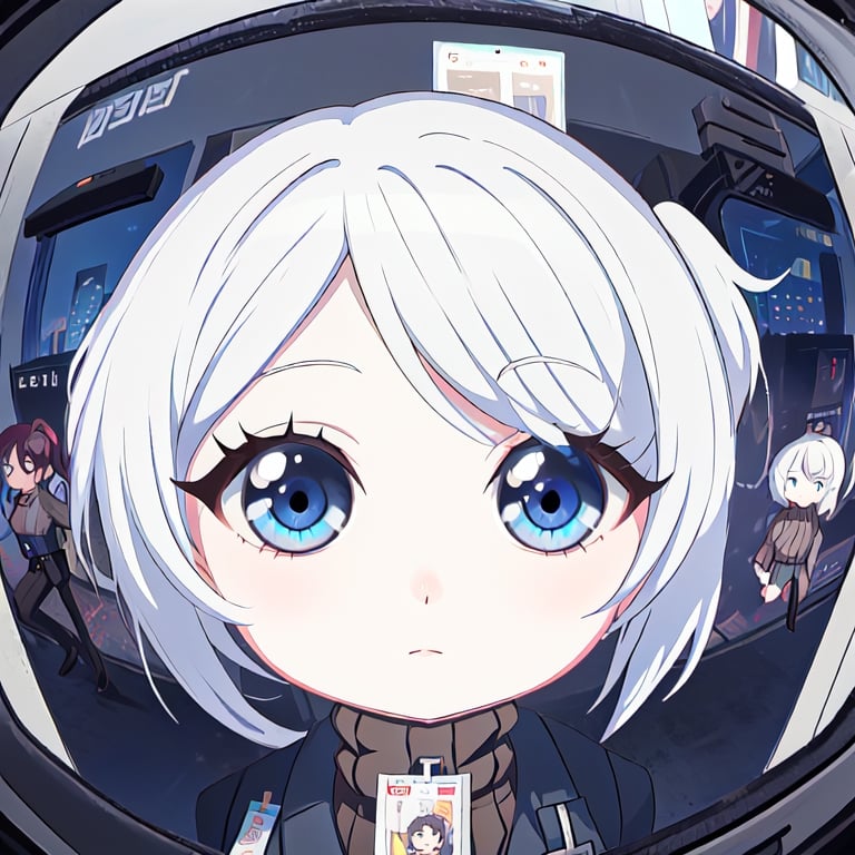 close up,chibi,female,orange bobcut, ponytails,blue eye,closed mouth,fisheye, default_outfit,white hair,black coat, black vest, brown sweater, coat on shoulders, black belt, black pants, id card