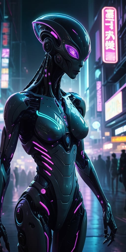 Generate hyper realistic image of a scene featuring a cybernetically enhanced alien being,  their body merging with dark m...