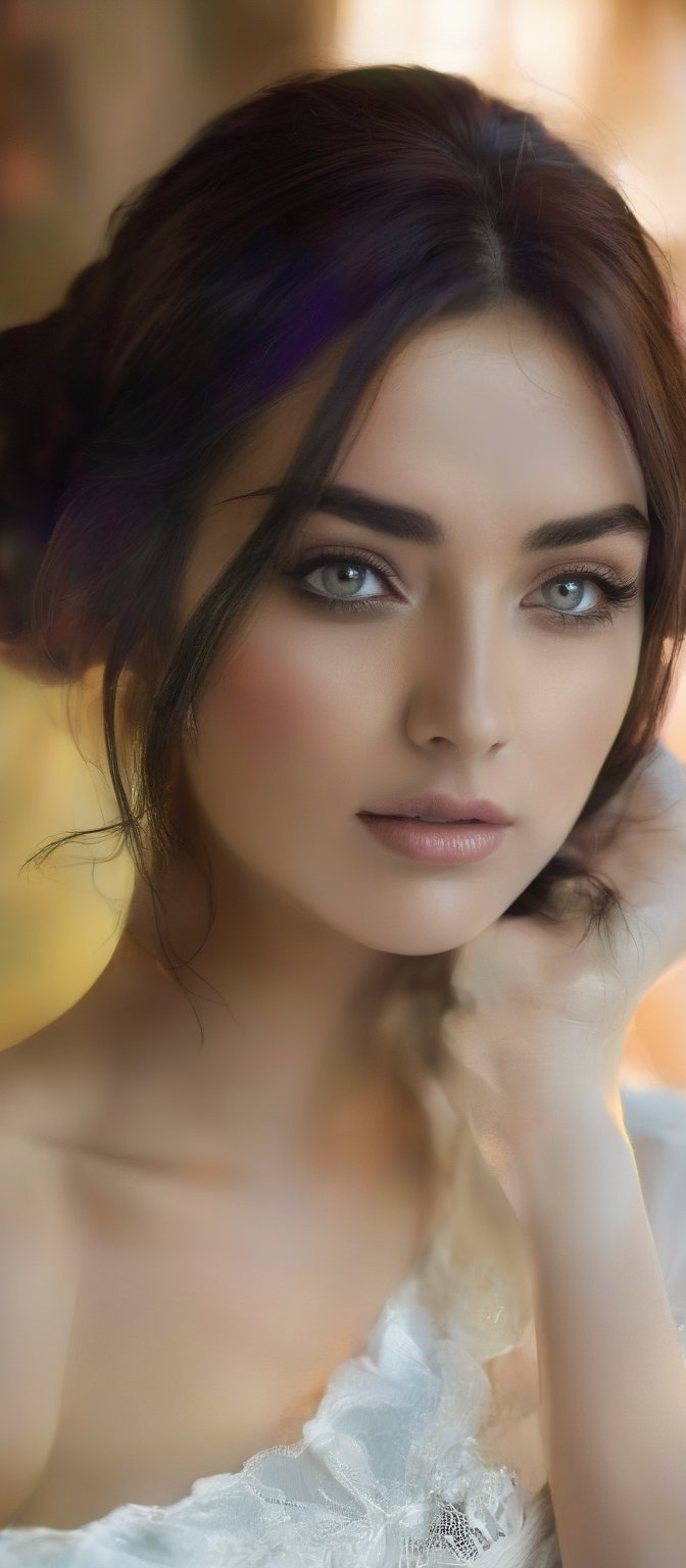 Generate hyper realistic image of a woman with long,  flowing hair sits by a window,  the sunlight casting a soft glow on...