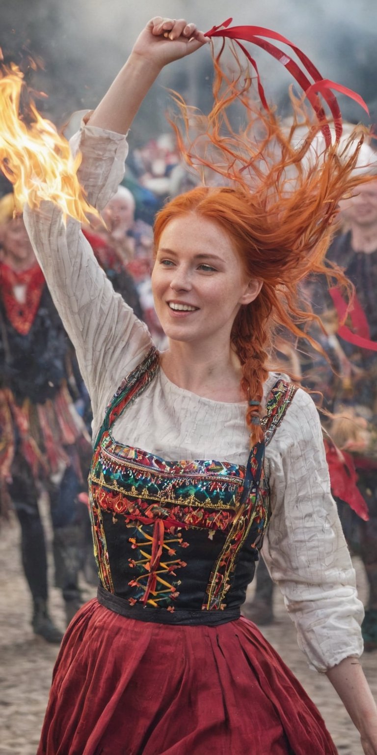 Generate hyper realistic image of a scene featuring a Nordic woman in festive attire, her flame-red hair woven with ribbons. She dances amidst a lively celebration, the vibrant colors of her dress contrasting with the lively atmosphere of a traditional Nordic festival. upper body shot,Extremely Realistic