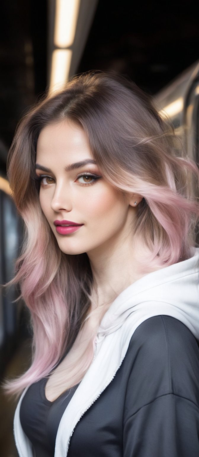Generate hyper realistic image of a woman with flowing hair that cascades down her back. She is looking at the viewer with...
