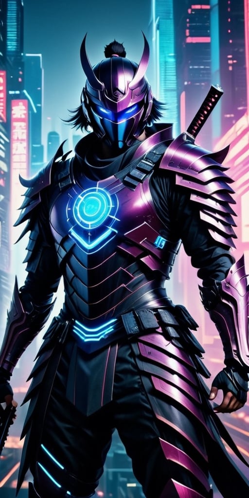 Generate hyper realistic image of a futuristic samurai adorned in sleek cybernetic armor, wielding a plasma katana with neon-illuminated edges, standing against a backdrop of technologically advanced cityscape, seamlessly blending traditional warrior aesthetics with cutting-edge technology.photography style,Extremely Realistic, ,3dmdt1,rmspdvrs