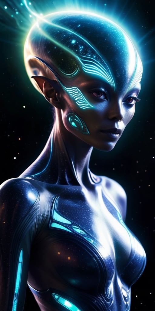 Generate hyper realistic image of a celestial-energy alien hybrid,  with radiant energy emanating from their body,  celest...