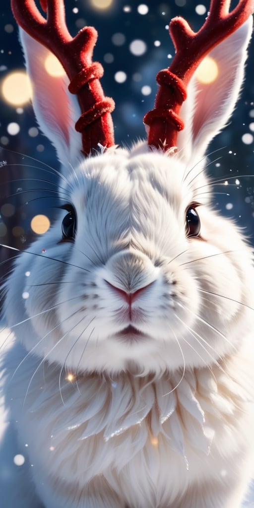 Generate hyper realistic image of a fluffy bunny wearing reindeer antlers,  nibbling on a candy cane while surrounded by s...