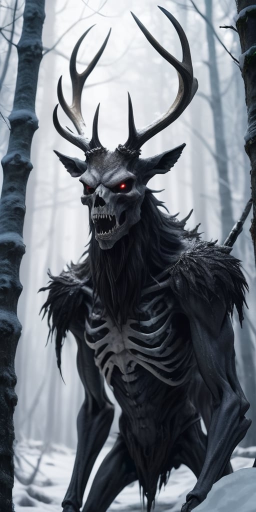 Generate hyper realistic image of a bone-chilling image of a monstrous wendigo, its skeletal form draped in icy, tattered fur, stalking through a snow-covered forest with hollow eyes reflecting the hunger for human flesh.highly detailed, sharp focus.8k,photography style,Extremely Realistic, 