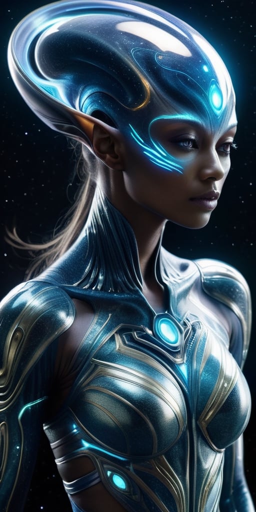 Generate hyper realistic image of a celestial-energy alien hybrid,  with radiant energy emanating from their body,  celest...