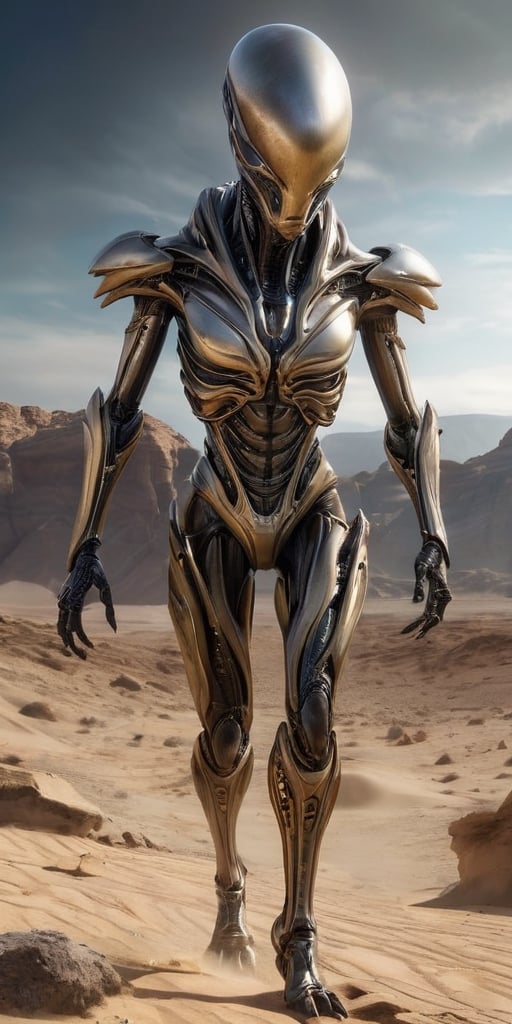 Generate hyper realistic image of an alien race with metallic,  chitinous exoskeletons,  reflecting the light in a mesmeri...
