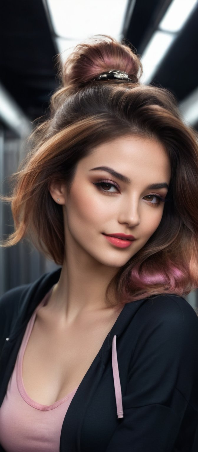 Generate hyper realistic image of a woman with flowing hair that cascades down her back. She is looking at the viewer with...