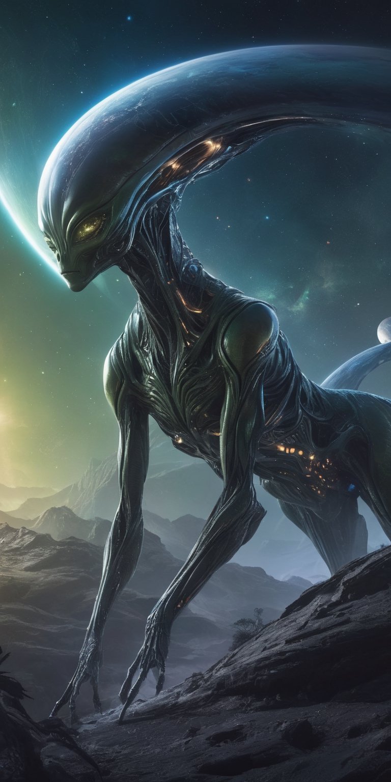 Generate an exquisitely detailed and visually captivating image of a stunning and ethereal alien,  gracefully enjoying the...