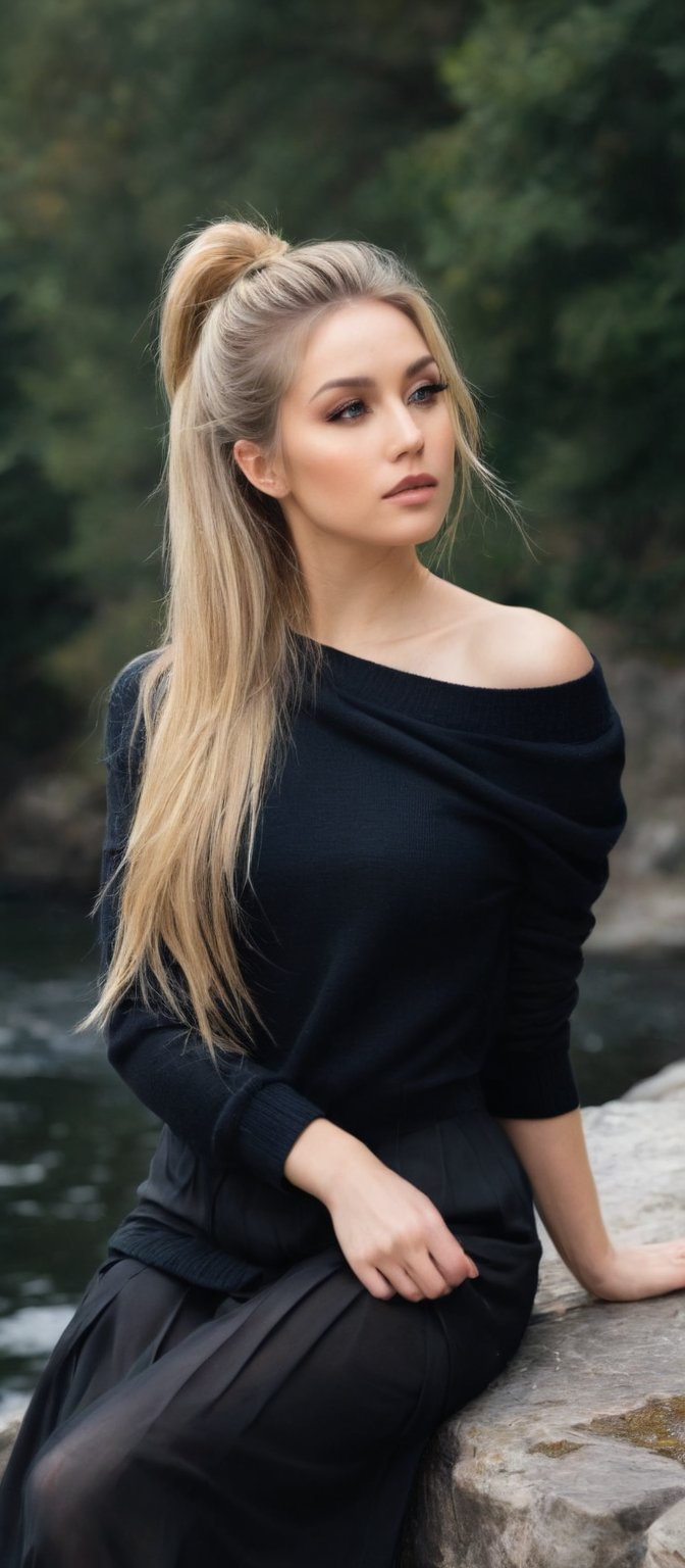 Generate hyper realistic image of a woman seating on a stone ledge by a tranquil riverside. She has long, blonde hair styled in a high ponytail that cascades down her back. The hair is slightly tousled. Her eyes are a captivating shade of amber. She wears a loose, off-the-shoulder black sweater that hangs slightly off her right shoulder. The sweater is ribbed. She has black thigh-high stockings that contrast with her fair skin. 