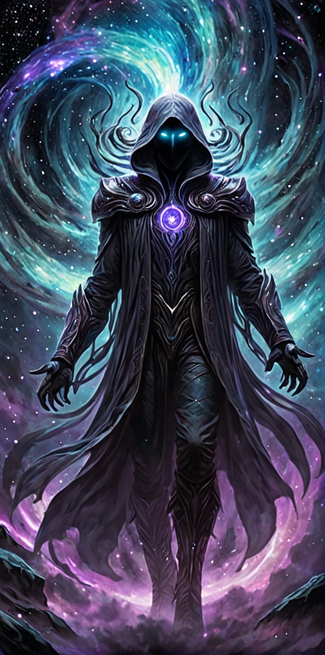 Generate hyper realistic image of an entity emerging from a cosmic void,  its form an amalgamation of darkness and swirlin...