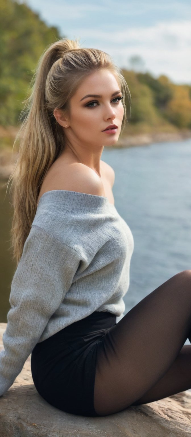 Generate hyper realistic image of a woman seating on a stone ledge by a tranquil riverside. She has long, blonde hair styled in a high ponytail that cascades down her back. The hair is slightly tousled. Her eyes are a captivating shade of amber. She wears a loose, off-the-shoulder black sweater that hangs slightly off her right shoulder. The sweater is ribbed. She has black thigh-high stockings that contrast with her fair skin. 