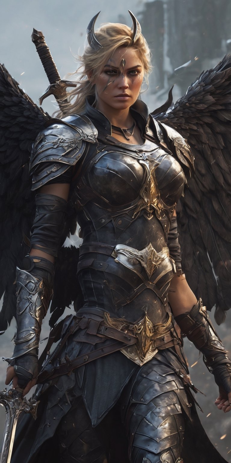 Generate hyper realistic image of a valkyrie corrupted by malevolent forces,  her once-glorious armor now tainted,  wieldi...