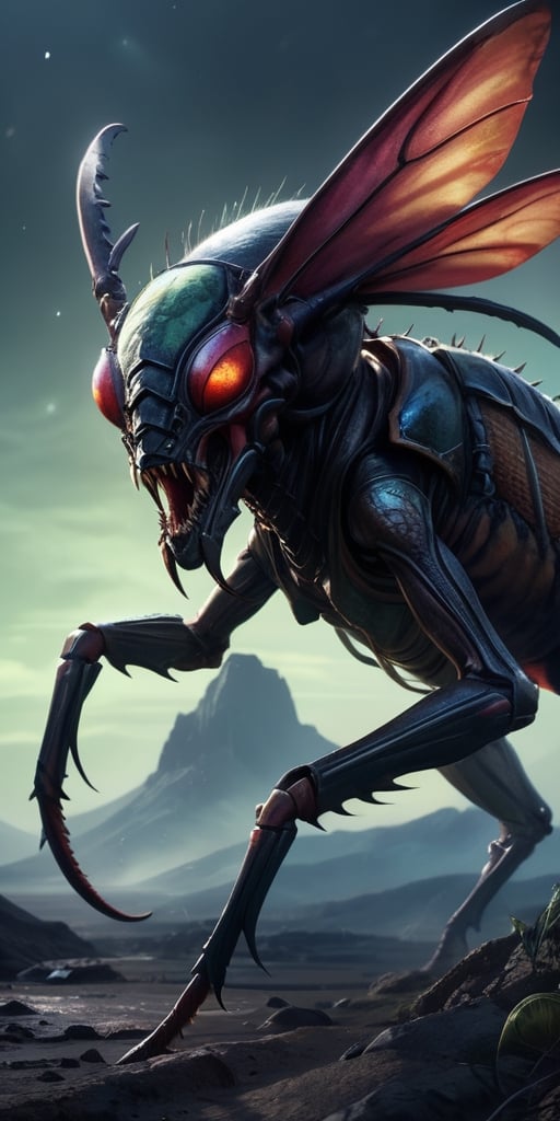 Generate hyper realistic image of a hellish insectoid behemoth with razor-sharp pincers and a carapace adorned with grotes...
