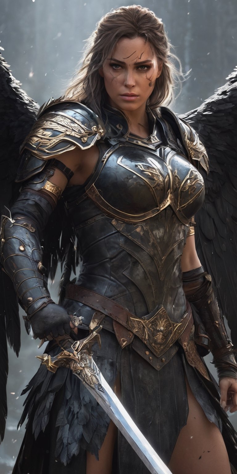 Generate hyper realistic image of a valkyrie corrupted by malevolent forces,  her once-glorious armor now tainted,  wieldi...