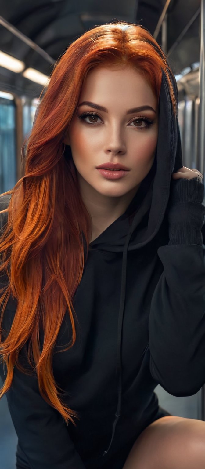 Generate hyper realistic image of a woman with flowing red hair with black strands that cascades down her back. She is loo...