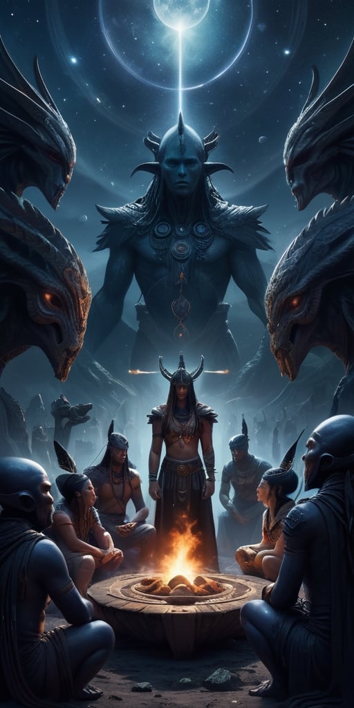 Generate hyper realistic image of a scene featuring a ritualistic gathering of intergalactic shamans,  their bodies adorne...