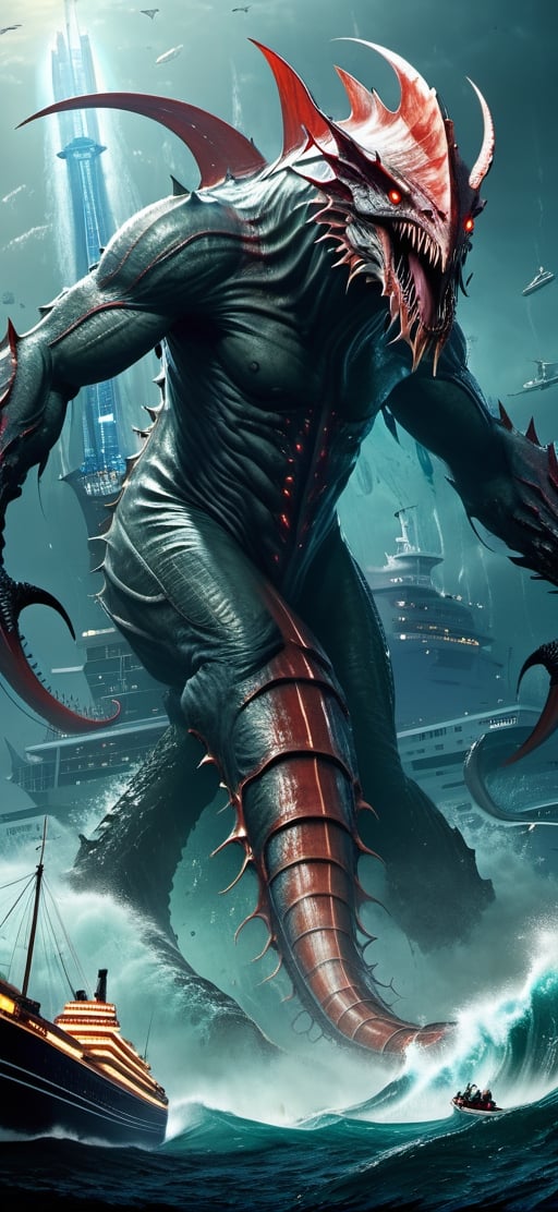 create a gigantic leviathan emerging from sea .towering over huge cruise ship,  humans in panick. humanoid body with tanta...
