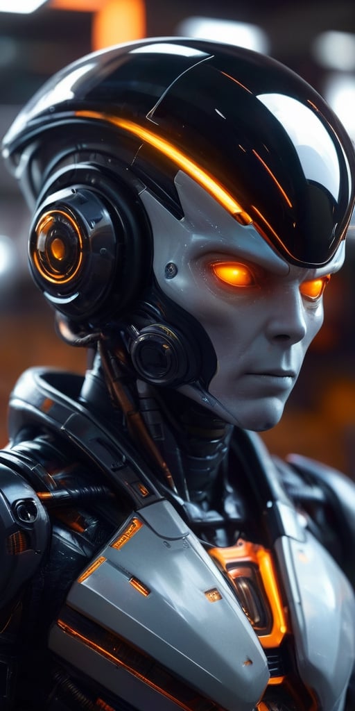 Generate hyper realistic image of a solo alien male figure,  surrounded by the emptiness of space. His orange eyes,  glowi...