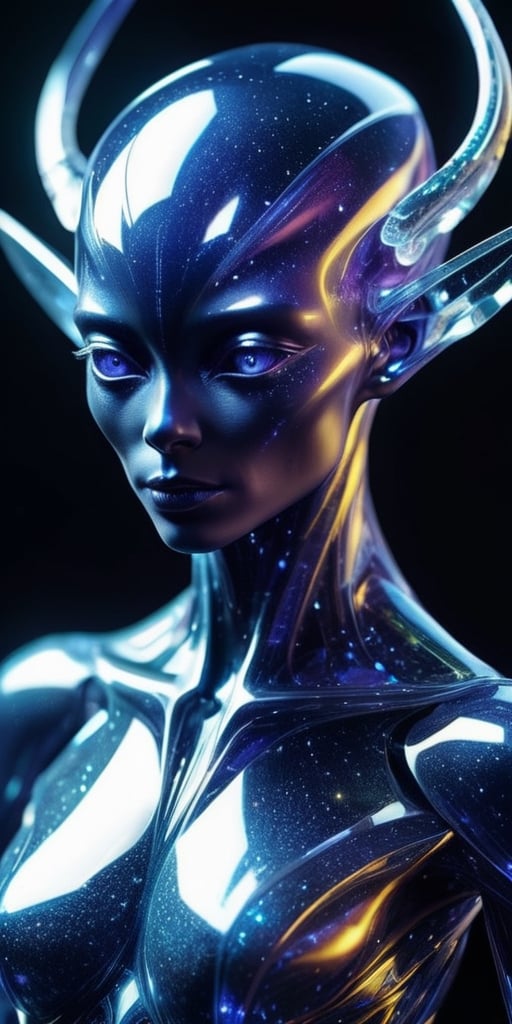 Generate hyper realistic image of a crystalline humanoid alien hybrid,  with translucent skin revealing intricate crystall...