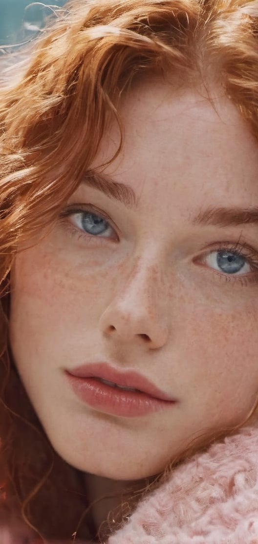 Create a a beautiful gignger woman portrait looking up to the viewer.super model,  long ginger hair,  curly hair by Decyfe...