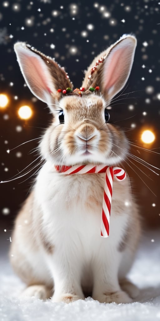 Generate hyper realistic image of a fluffy bunny wearing reindeer antlers,  nibbling on a candy cane while surrounded by s...